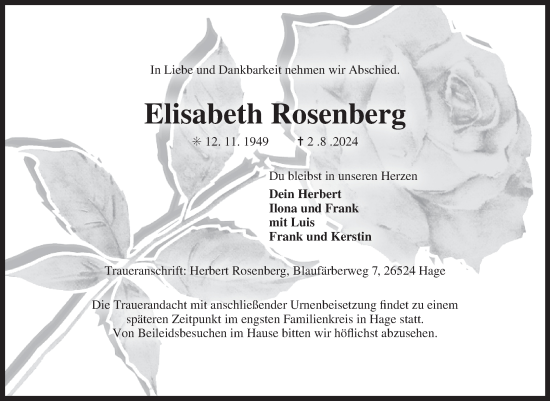 Traueranzeige von Elisabeth Rosenberg von Ostfriesischer Kurier