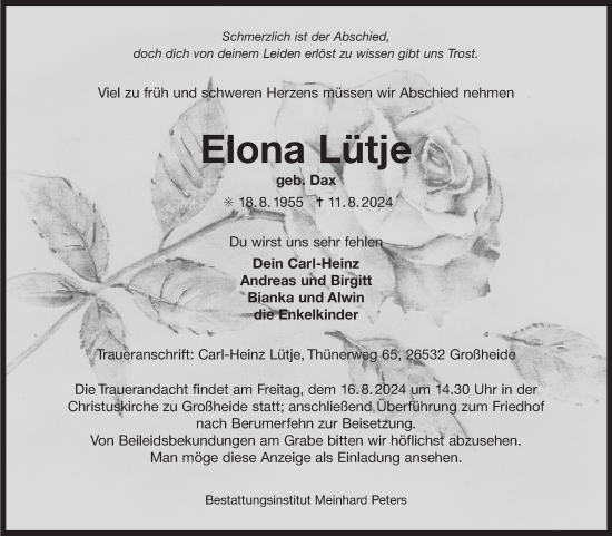 Traueranzeige von Elona Lütje von Ostfriesischer Kurier