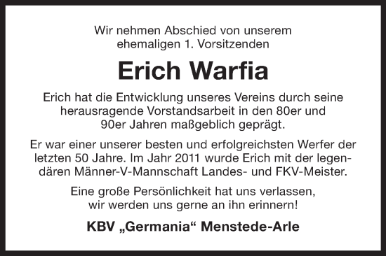 Traueranzeige von Erich Warfia von Ostfriesischer Kurier