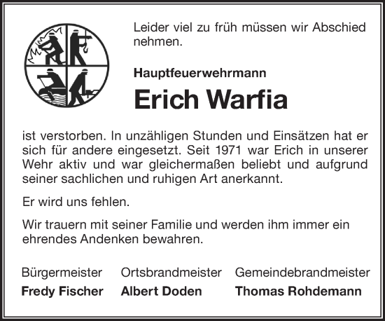 Traueranzeige von Erich Warfia von Ostfriesischer Kurier