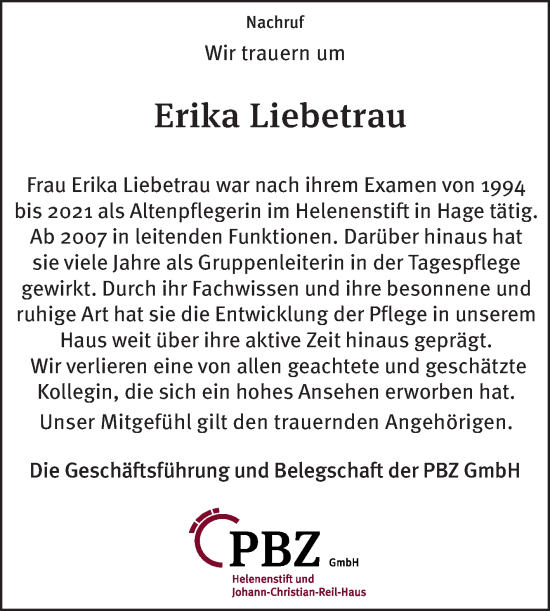 Traueranzeige von Erika Liebetrau von Ostfriesischer Kurier