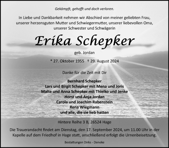 Traueranzeige von Erika Schepker von Ostfriesischer Kurier