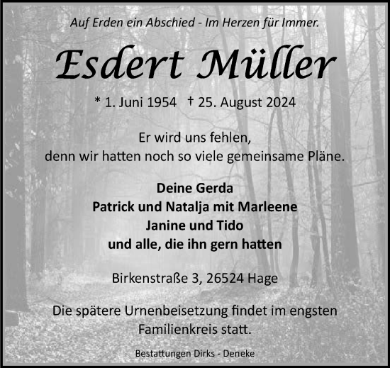 Traueranzeige von Esdert Müller von Ostfriesischer Kurier