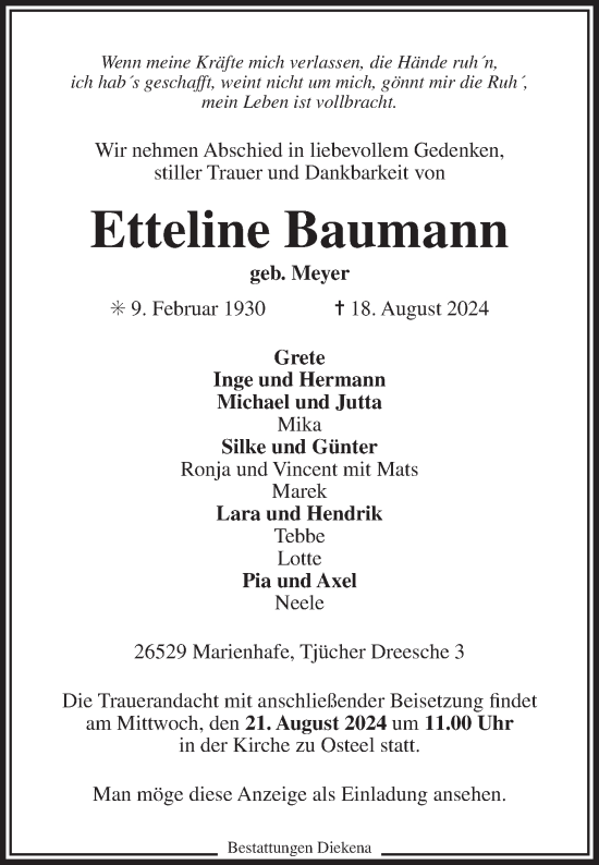 Traueranzeige von Etteline Baumann von Ostfriesischer Kurier