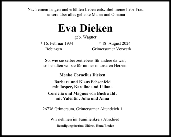 Traueranzeige von Eva Dieken von Ostfriesischer Kurier