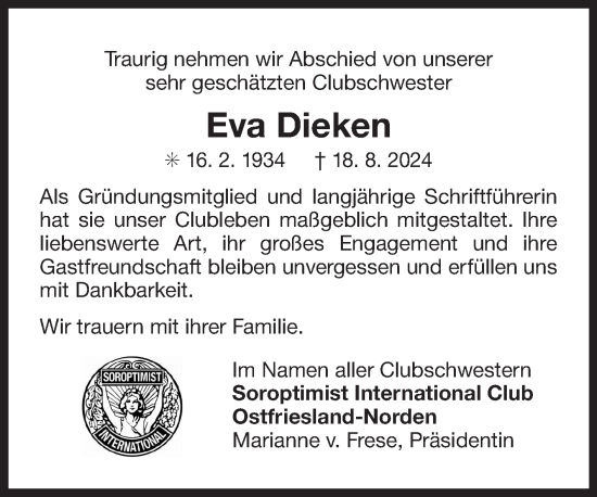 Traueranzeige von Eva Dieken von Ostfriesischer Kurier
