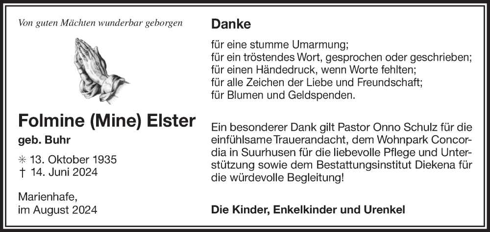  Traueranzeige für Folmine Elster vom 03.08.2024 aus Ostfriesischer Kurier