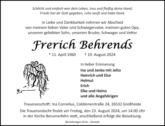Traueranzeige von Frerich Behrends von Ostfriesischer Kurier