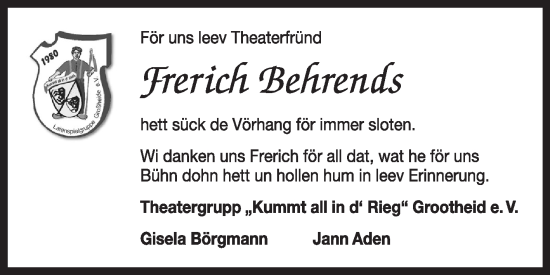 Traueranzeige von Frerich Behrends von Ostfriesischer Kurier
