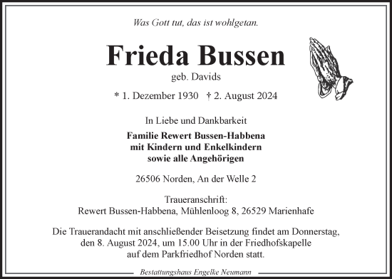 Traueranzeige von Frieda Bussen von Ostfriesischer Kurier