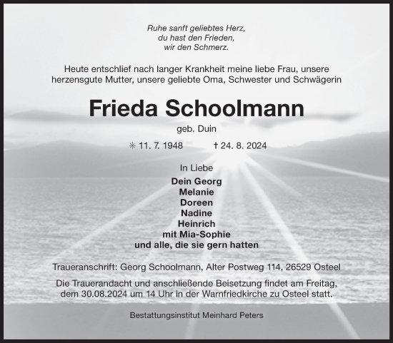Traueranzeige von Frieda Schoolmann von Ostfriesischer Kurier