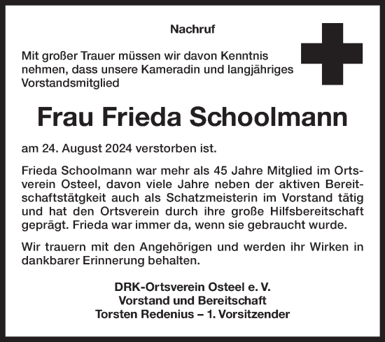 Traueranzeige von Frieda Schoolmann von Ostfriesischer Kurier