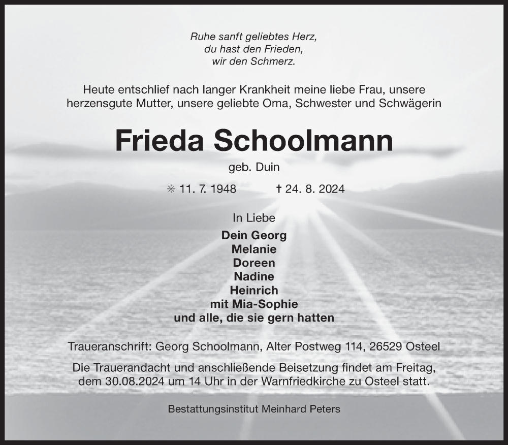  Traueranzeige für Frieda Schoolmann vom 28.08.2024 aus Ostfriesischer Kurier