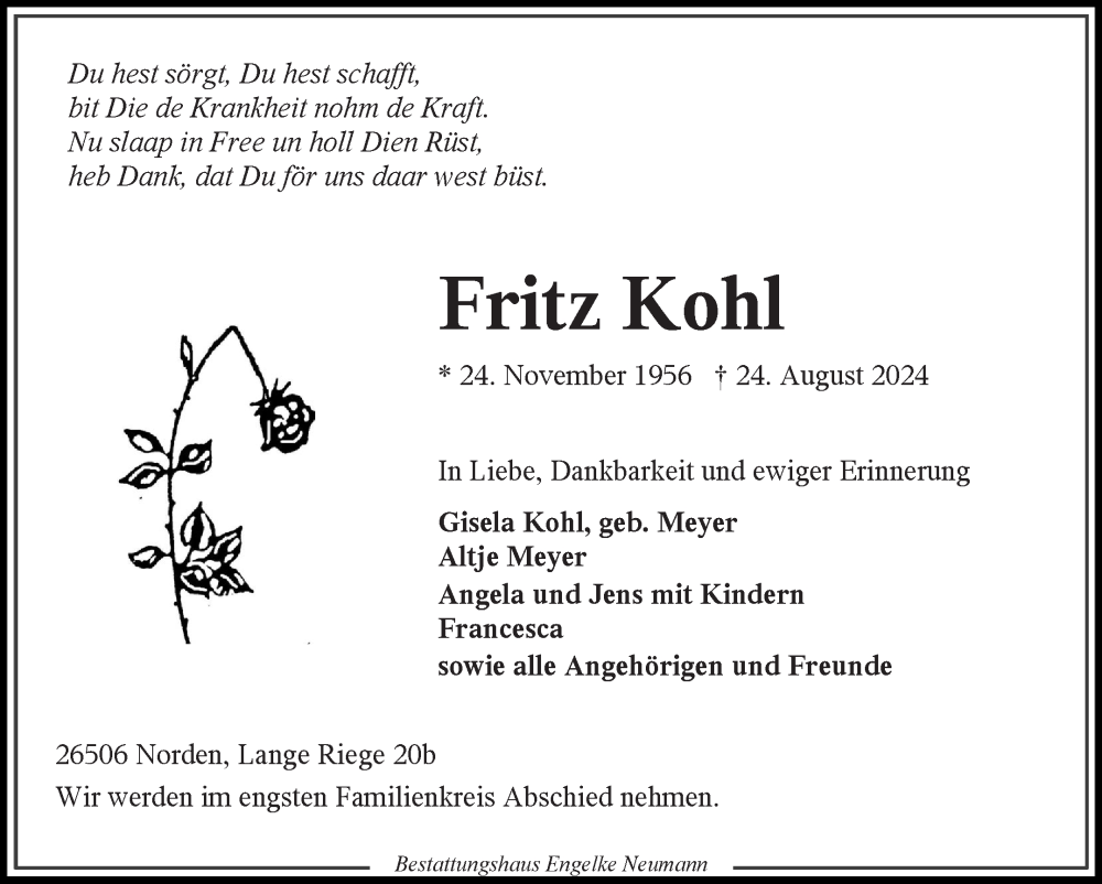  Traueranzeige für Fritz Kohl vom 31.08.2024 aus Ostfriesischer Kurier