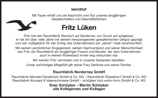 Traueranzeige von Fritz Lüken von Ostfriesischer Kurier