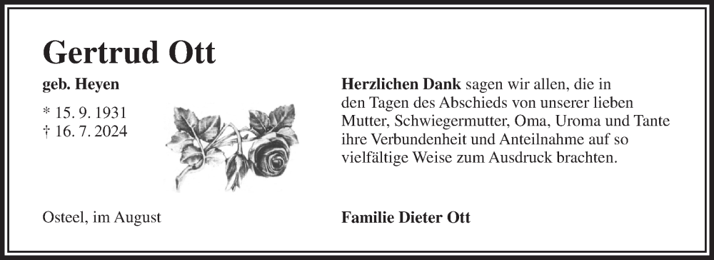  Traueranzeige für Gertrud Ott vom 24.08.2024 aus Ostfriesischer Kurier