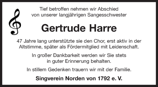 Traueranzeige von Gertrude Harre von Ostfriesischer Kurier