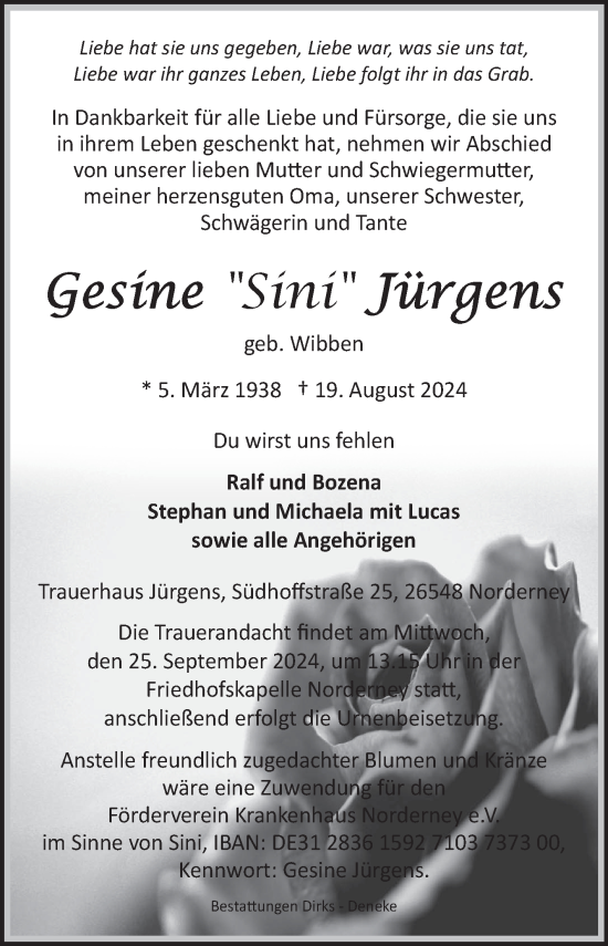 Traueranzeige von Gesine Jürgens von Ostfriesischer Kurier