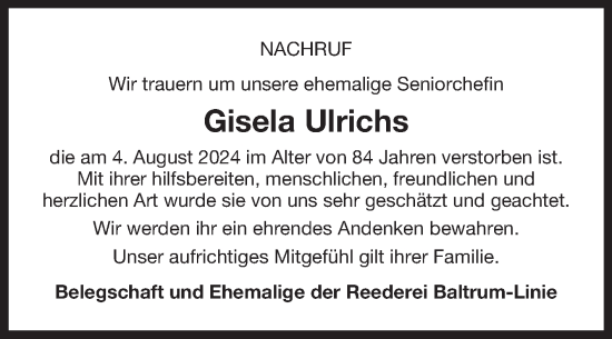 Traueranzeige von Gisela Ulrichs von Ostfriesischer Kurier