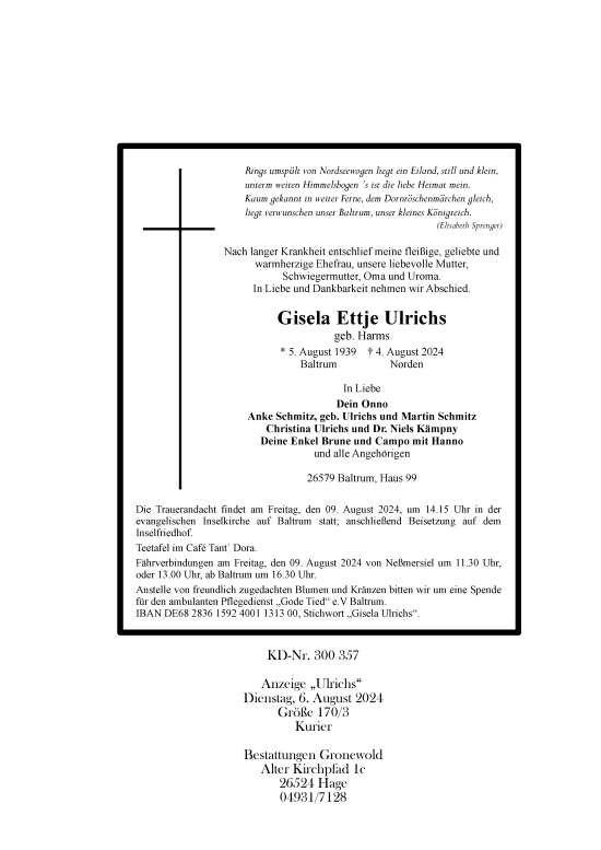 Traueranzeige von Gisela Ulrichs von Ostfriesischer Kurier