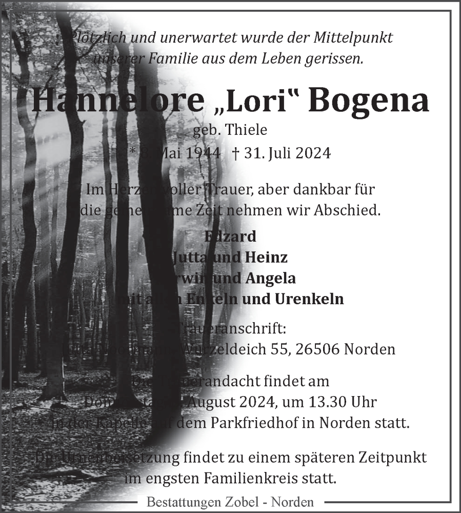  Traueranzeige für Hannelore Bogena vom 03.08.2024 aus Ostfriesischer Kurier