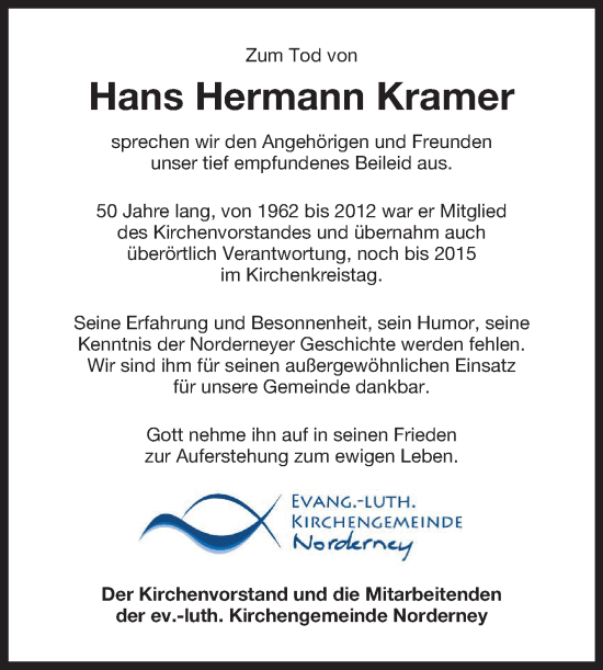 Traueranzeige von Hans Hermann Kramer von Ostfriesischer Kurier