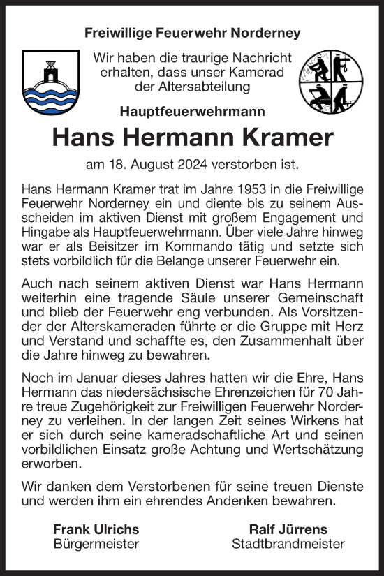 Traueranzeige von Hans Hermann Kramer von Ostfriesischer Kurier