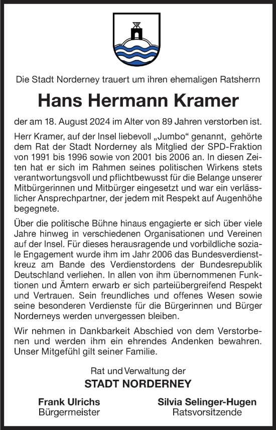 Traueranzeige von Hans Hermann Kramer von Ostfriesischer Kurier