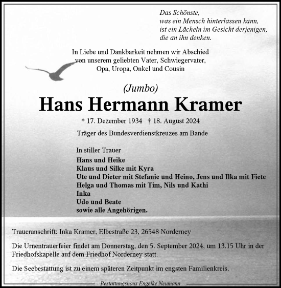 Traueranzeige von Hans Hermann Kramer von Ostfriesischer Kurier