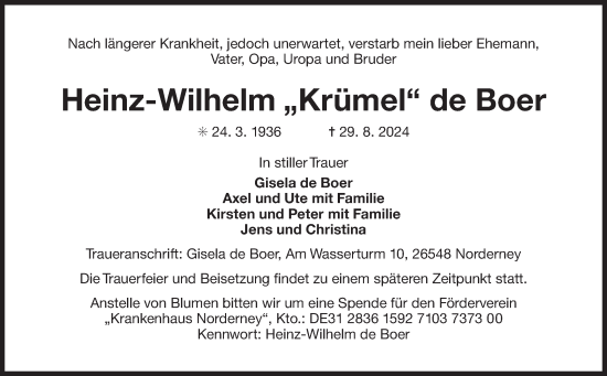 Traueranzeige von Heinz-Wilhelm de Boer von Ostfriesischer Kurier