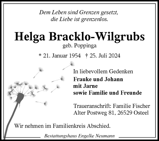 Traueranzeige von Helga Bracklo-Wilgrubs von Ostfriesischer Kurier