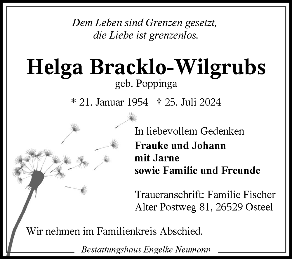  Traueranzeige für Helga Bracklo-Wilgrubs vom 03.08.2024 aus Ostfriesischer Kurier