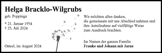 Traueranzeige von Helga Bracklo-Wilgrubs von Ostfriesischer Kurier