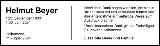 Traueranzeige von Helmut Beyer von Ostfriesischer Kurier