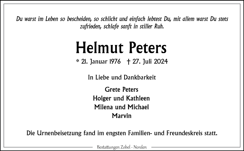  Traueranzeige für Helmut Peters vom 21.08.2024 aus Ostfriesischer Kurier