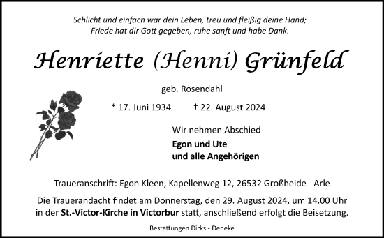 Traueranzeige von Henriette Grünfeld von Ostfriesischer Kurier