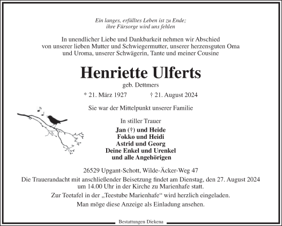Traueranzeige von Henriette Ulferts von Ostfriesischer Kurier