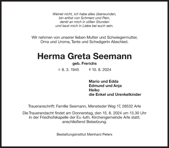 Traueranzeige von Herma Greta Seemann von Ostfriesischer Kurier