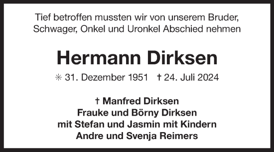 Traueranzeige von Hermann Dirksen von Ostfriesischer Kurier