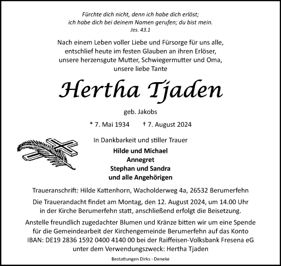 Traueranzeige von Hertha Tjaden von Ostfriesischer Kurier