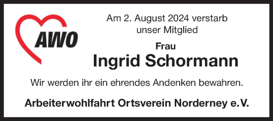 Traueranzeige von Ingrid Schormann von Ostfriesischer Kurier
