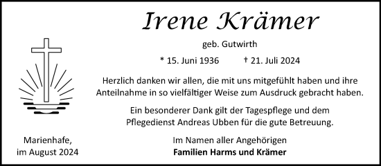 Traueranzeige von Irene Krämer von Ostfriesischer Kurier