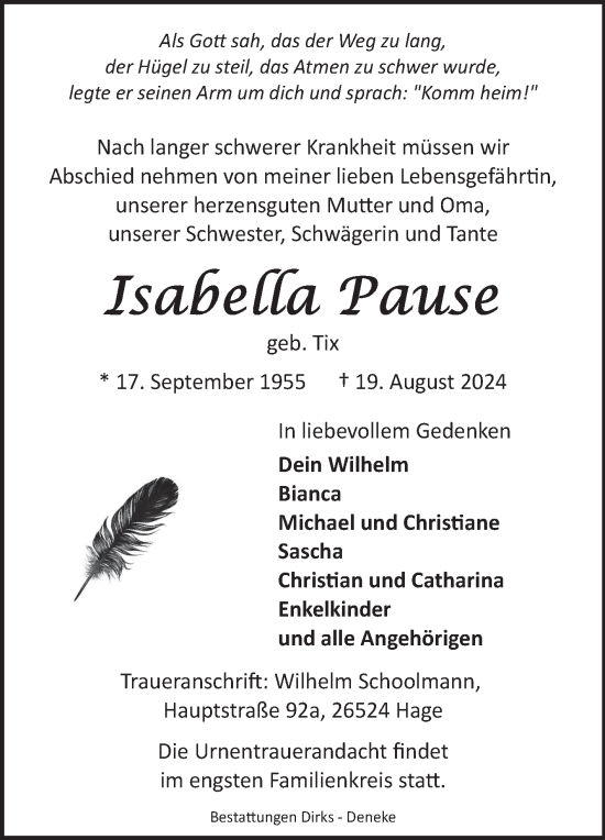 Traueranzeige von Isabella Pause von Ostfriesischer Kurier