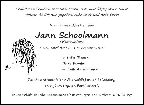 Traueranzeige von Jann Schoolmann von Ostfriesischer Kurier