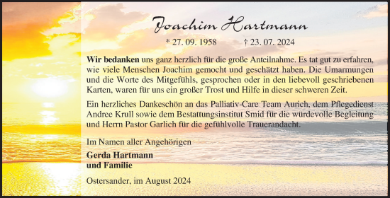 Traueranzeige von Joachim Hartmann von Ostfriesischer Kurier