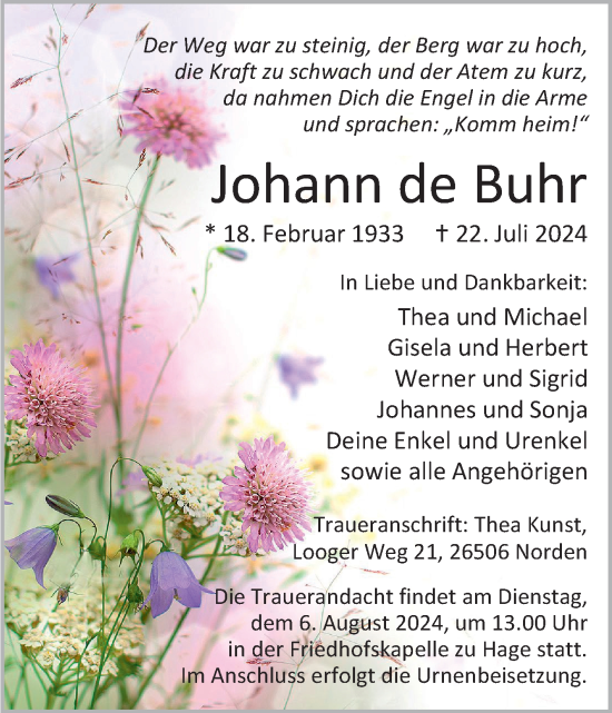Traueranzeige von Johann de Buhr von Ostfriesischer Kurier