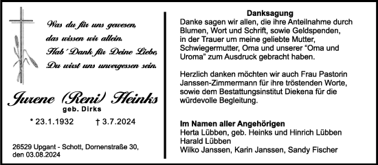 Traueranzeige von Jurene Heinks von Ostfriesischer Kurier