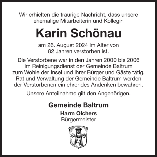 Traueranzeige von Karin Schönau von Ostfriesischer Kurier