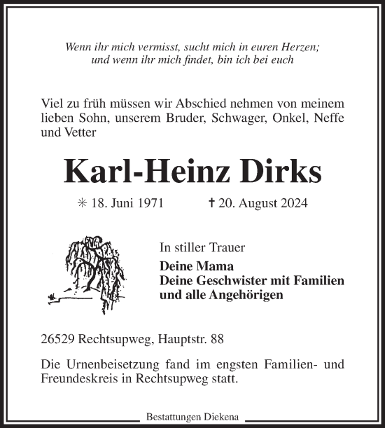 Traueranzeige von Karl-Heinz Dirks von Ostfriesischer Kurier