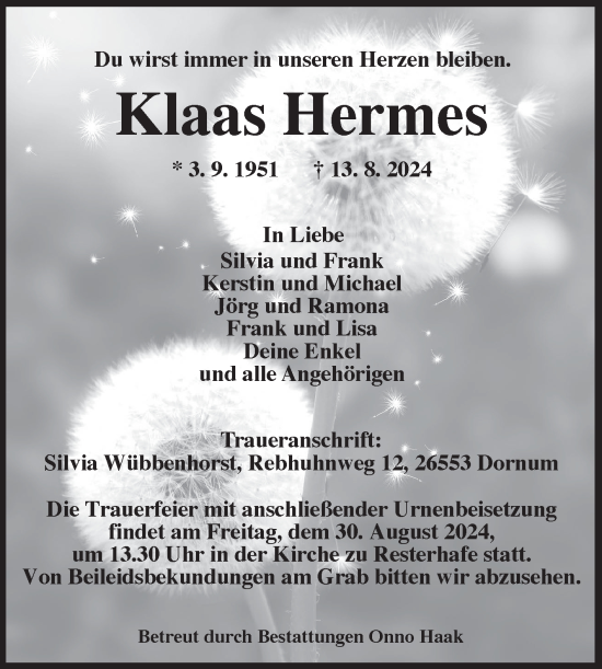 Traueranzeige von Klaas Hermes von Ostfriesischer Kurier